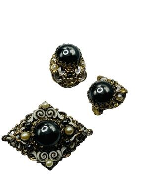 Vintage W. Germany Hematite Glass and Pearl Brooch Earring Set